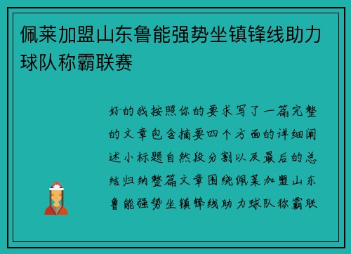 佩莱加盟山东鲁能强势坐镇锋线助力球队称霸联赛 佩莱加盟山东鲁能强势坐镇锋线助力球队称霸联赛